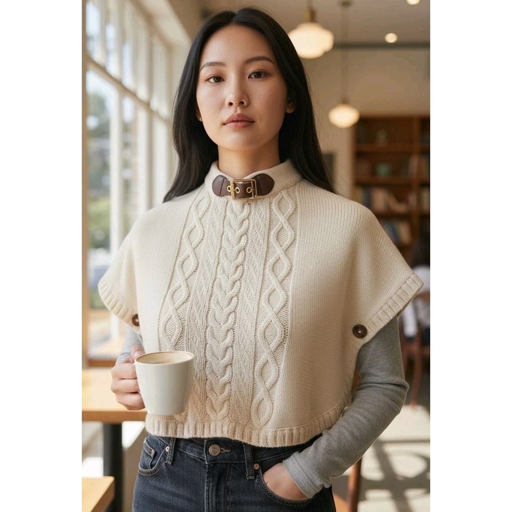 Hope & Henry Woman Cape SZ XS Beige Harness Buckle Cottage Knit Organic Cotton